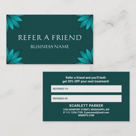 Carte De Référencement Teal Leaf Mandala Design on Dark Cyan (Devant / Derrière)