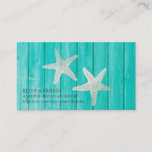 Carte De Référencement Teal Wood & Starfish Beach Elegant Référer un ami (Devant)