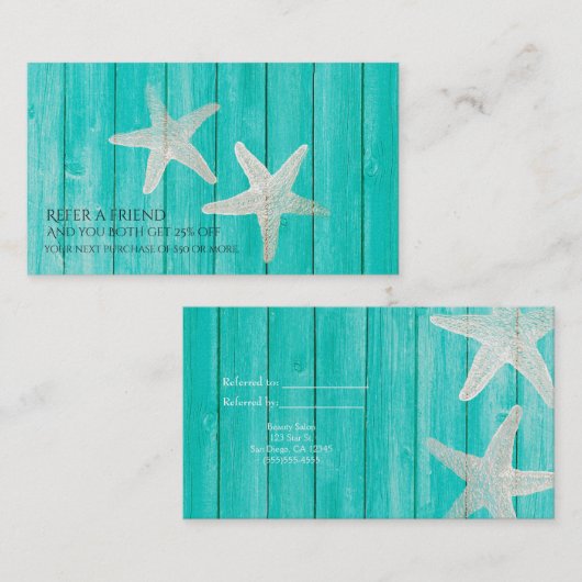Carte De Référencement Turquoise Wood & Starfish Beach Élégant Référer un (Devant / Derrière)