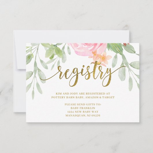 Carte de REGISTRE Baby shower rose et or (Devant)