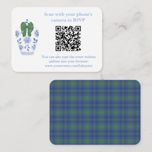 Carte de registre de code QR chinoiserie bleu vert (Devant / Derrière)
