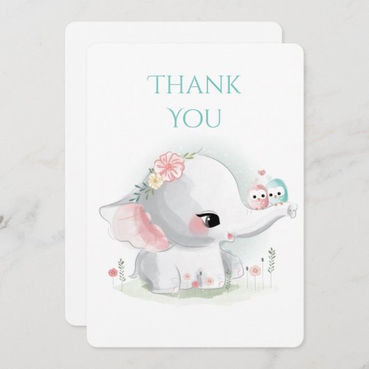 Carte de remerciement à l'aquarelle pastel éléphan (Devant / Derrière)