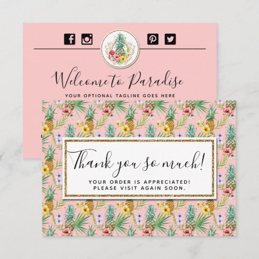 Carte de remerciement aquarelle Ananas & Hibiscus (Devant / Derrière)