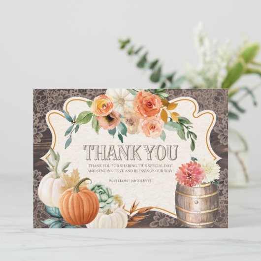 Carte de remerciement automnal en bois rustique av (Debout devant)
