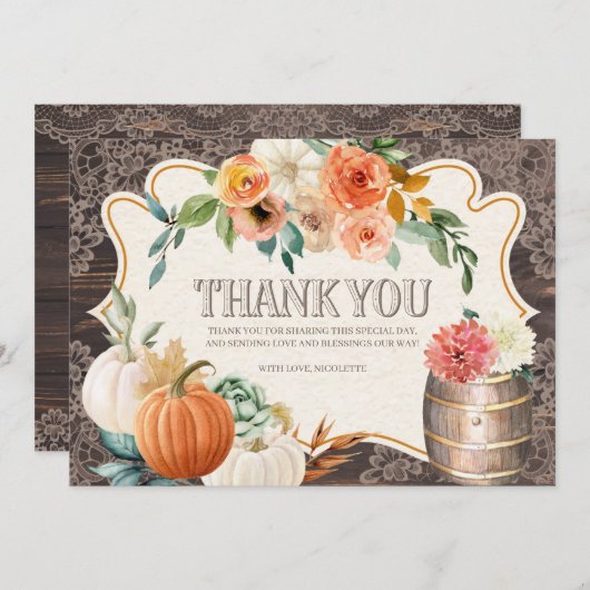Carte de remerciement automnal en bois rustique av (Devant / Derrière)