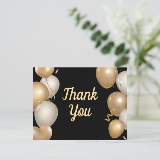 Carte de remerciement avec ballons noirs et dorés (Debout devant)