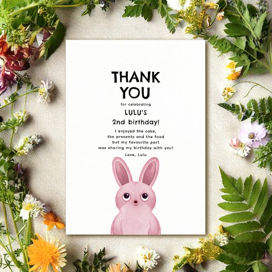 Carte de remerciement avec lapin rose
