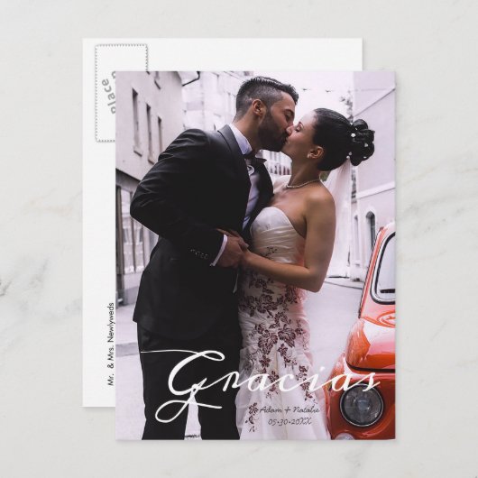 Carte de remerciement avec photo et date en script (Devant / Derrière)