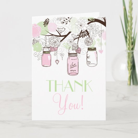 Carte de remerciement avec pots Mason roses et ver (Devant)