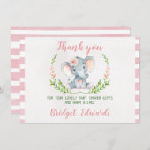 Carte de remerciement Baby Shower Fille Éléphant (Devant / Derrière)