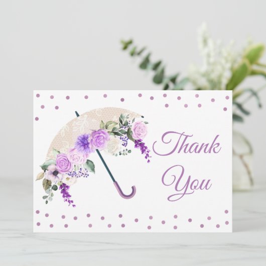 Carte de remerciement bébé Fleur Pourpre Parapluie (Debout devant)