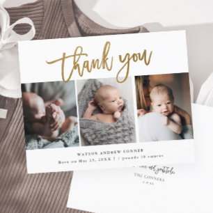 Carte de remerciement bébé Script Budget Or 3 phot