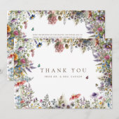 Carte de remerciement blanche jardin de fleurs sau (Devant / Derrière)