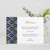 Carte de remerciement bleu marine damassé or (Debout devant)