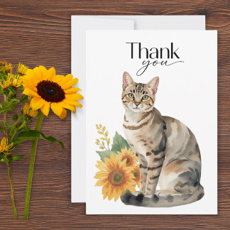 Carte de remerciement Chat tigré et Tournesols
