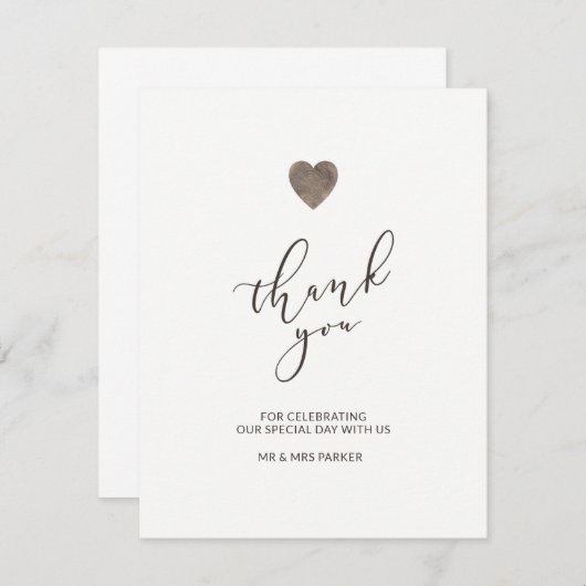 Carte de remerciement cœur en bois rustique - plat (Devant / Derrière)