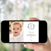 Carte de remerciement de baptême avec fleurs bleue