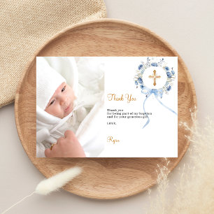 Carte de remerciement de baptême avec fleurs bleue