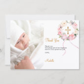 Carte de remerciement de baptême avec fleurs roses (Devant)