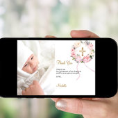 Carte de remerciement de baptême avec fleurs roses