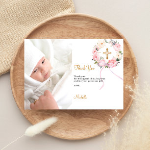 Carte de remerciement de baptême avec fleurs roses