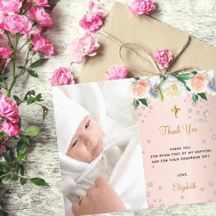 Carte de remerciement de baptême avec photo rose g