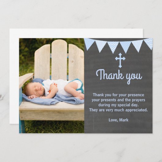 Carte de remerciement de baptême photo bleu tablea (Devant / Derrière)