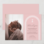 Carte de remerciement de baptême photo rose à clé  (Devant / Derrière)