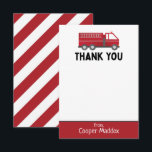 Carte de remerciement de camion de pompiers pour l<br><div class="desc">Cette carte de remerciement de camion de pompiers peut être personnalisée avec le nom du garçon ou de la fille qui fête son anniversaire - parfait pour une fête d'anniversaire de pompier ou pour une utilisation générale ! © 2022 Tea Olive Co.</div>