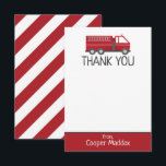 Carte de remerciement de camion de pompiers pour l<br><div class="desc">Cette carte de remerciement de camion de pompiers peut être personnalisée avec le nom du garçon ou de la fille qui fête son anniversaire - parfait pour une fête d'anniversaire de pompier ou pour une utilisation générale ! © 2022 Tea Olive Co.</div>