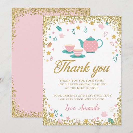 Carte de remerciement de fête de thé à paillettes  (Devant / Derrière)