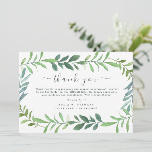 Carte de remerciement de funérailles en eucalyptus (Debout devant)