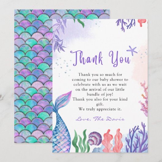 Carte de remerciement de la sirène d'aquarelle (Devant / Derrière)