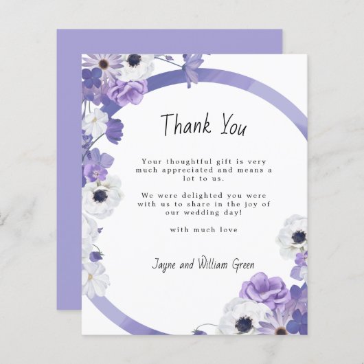 Carte de remerciement de mariage à fleurs violette (Devant / Derrière)