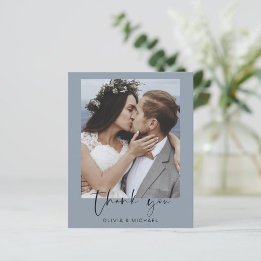 Carte de remerciement de mariage bleu poussiéreux (Debout devant)