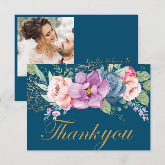 Carte de remerciement de mariage élégante à l'aqua (Devant / Derrière)