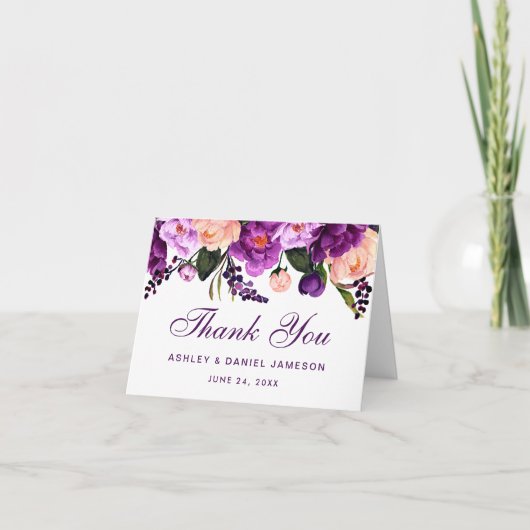 Carte de remerciement de mariage floral violet ult (Devant)
