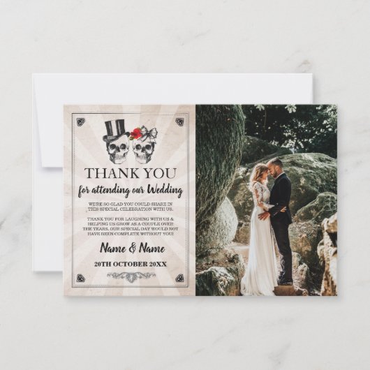 Carte de remerciement de mariage Halloween Crânes (Devant)