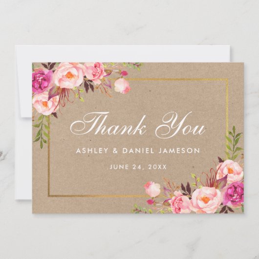 Carte de remerciement de mariage Kraft Floral Pink (Devant)