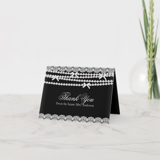 Carte de remerciement de mariage Lace Pearl noir (Devant)