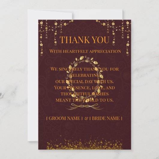 Carte de remerciement de mariage Maroon Gold | (Devant)