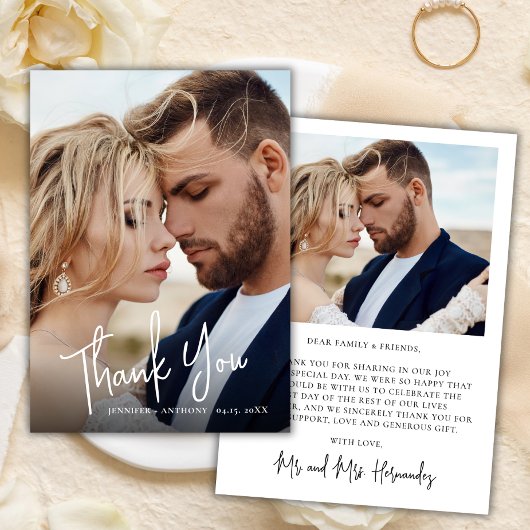 Carte de remerciement de mariage photo Calligraphi