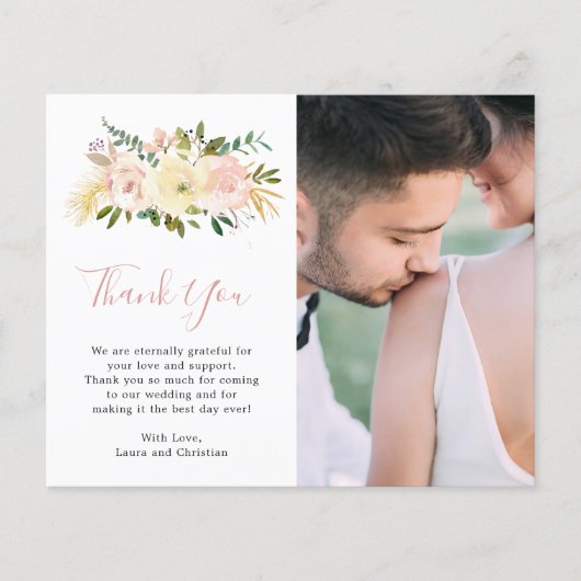 Carte de remerciement de mariage photo florale ros (Devant)