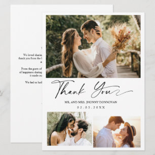 Carte de remerciement de mariage photo trois écrit