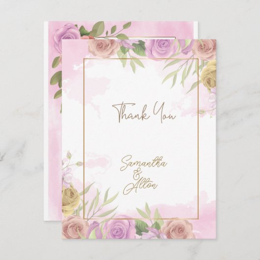 Carte de remerciement de mariage Rose Fleurie Rose (Devant / Derrière)