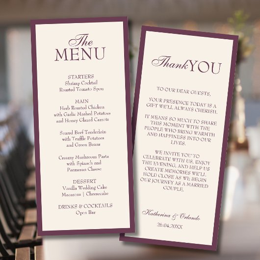Carte de remerciement de menu de mariage minimalis