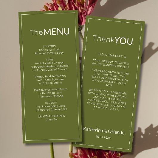 Carte de remerciement de menu de mariage Olive Gre