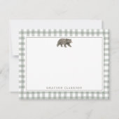 Carte de remerciement de nursery Ours Gingham Vert (Devant)