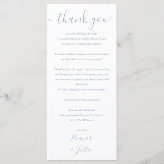 Carte de remerciement de programme de mariage bleu (Devant)
