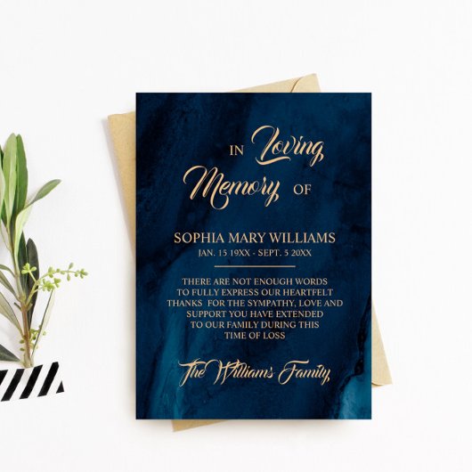 Carte de remerciement de sympathie Navy Blue & Gol